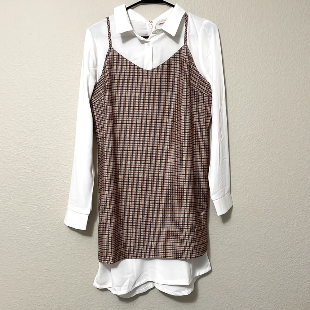 2/$14 - Plaid Cami Dress over White Long Sleeve
